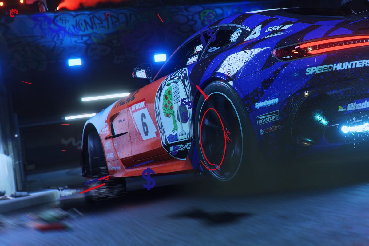 A close-up of a custom car back in Need for Speed Unbound’s garage, showing the livery, decals, and huge custom spoiler on the back.