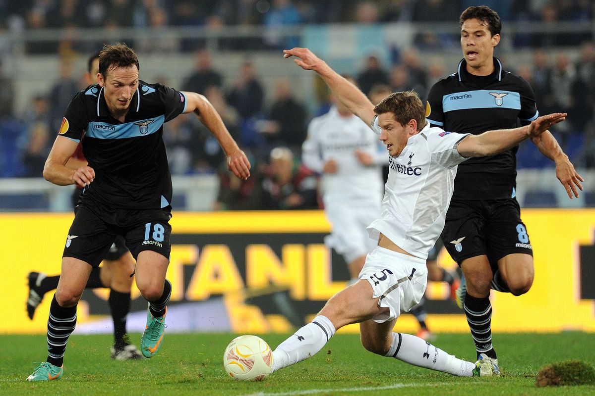 Jan Vertonghen does his best impression of the eagle on Lazio's badge.