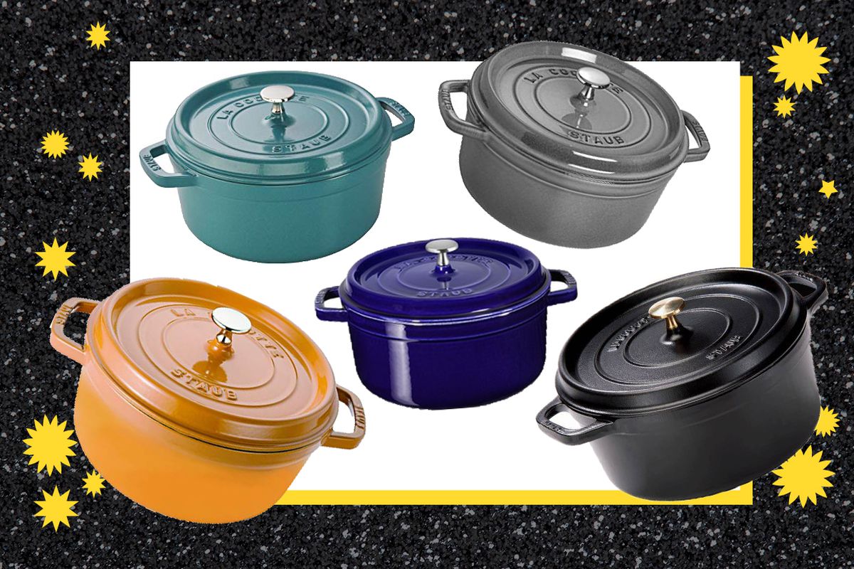five Staub cocotte Dutch ovens floating on a white and black graphic background
