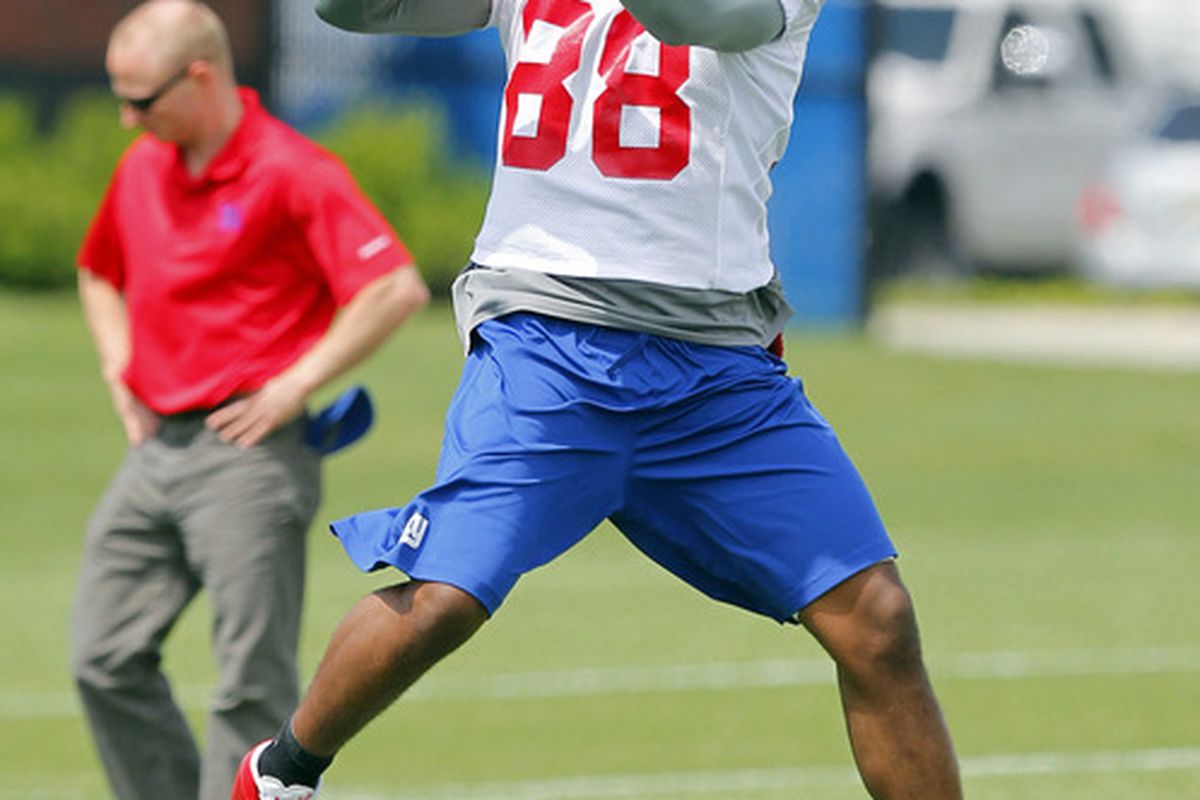 May 23, 2012; East Rutherford, NJ, USA;  New York Giants wide receiver Hakeem Nicks (88) catches pass during the Giants OTA at the their training facility. Mandatory Credit: Jim O'Connor-US PRESSWIRE