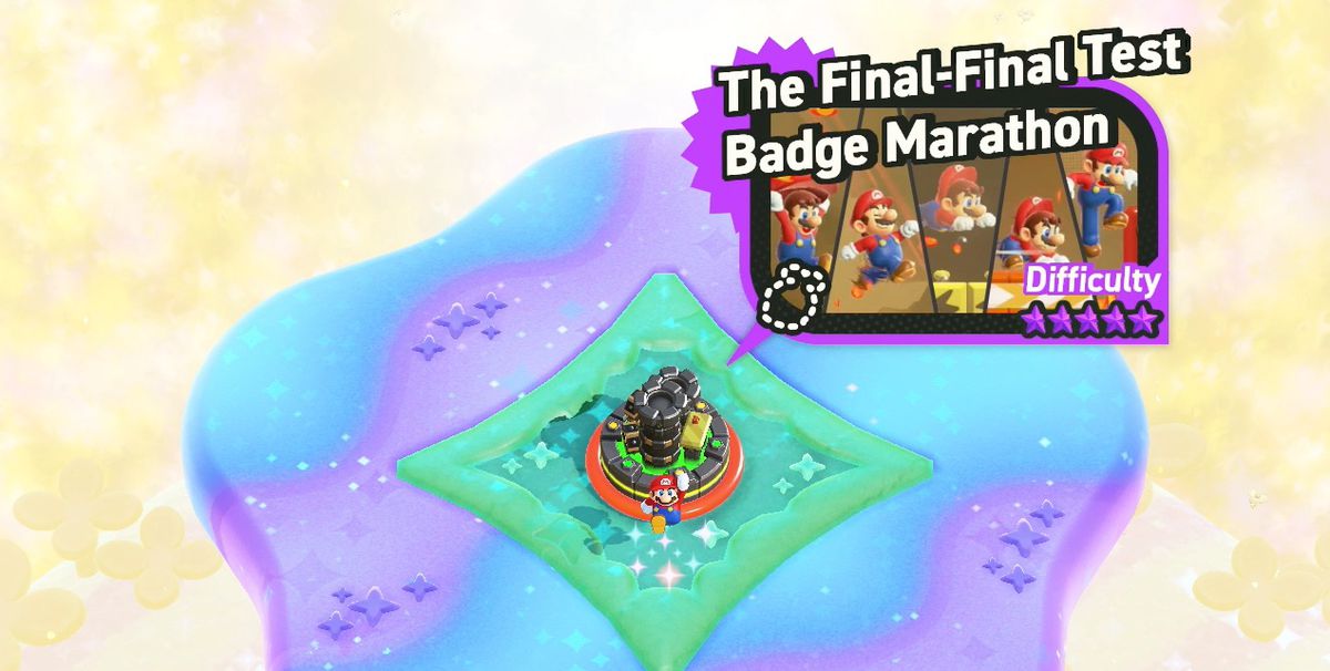 Mario stands in front of the Final Final Test Badge Marathon level in Super Mario Bros Wonder.