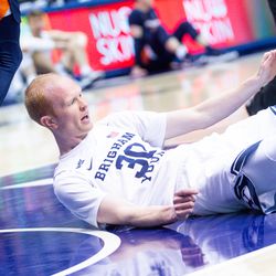 Brigham Young Cougars guard TJ Haws (30) falls on the court during a game against the Pepperdine Waves in Provo on Thursday, Jan. 30, 2020. BYU won 107-80.