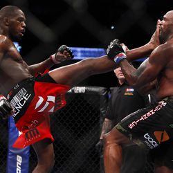 September 24, 2011 - Jon Jones kicks Quinton “Rampage” Jackson square in the mouth during his first defense of his light heavyweight title.