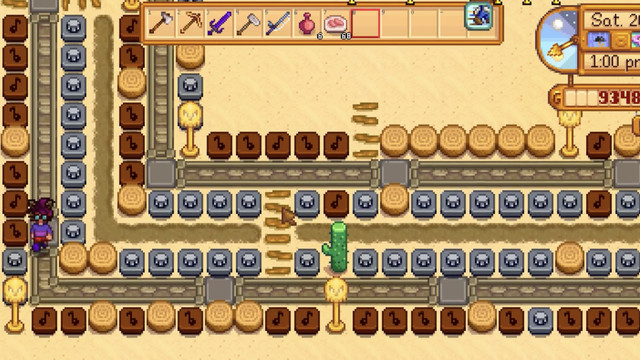 A stardew valley player standing before a path flanked by numerous flute and drum blocks.