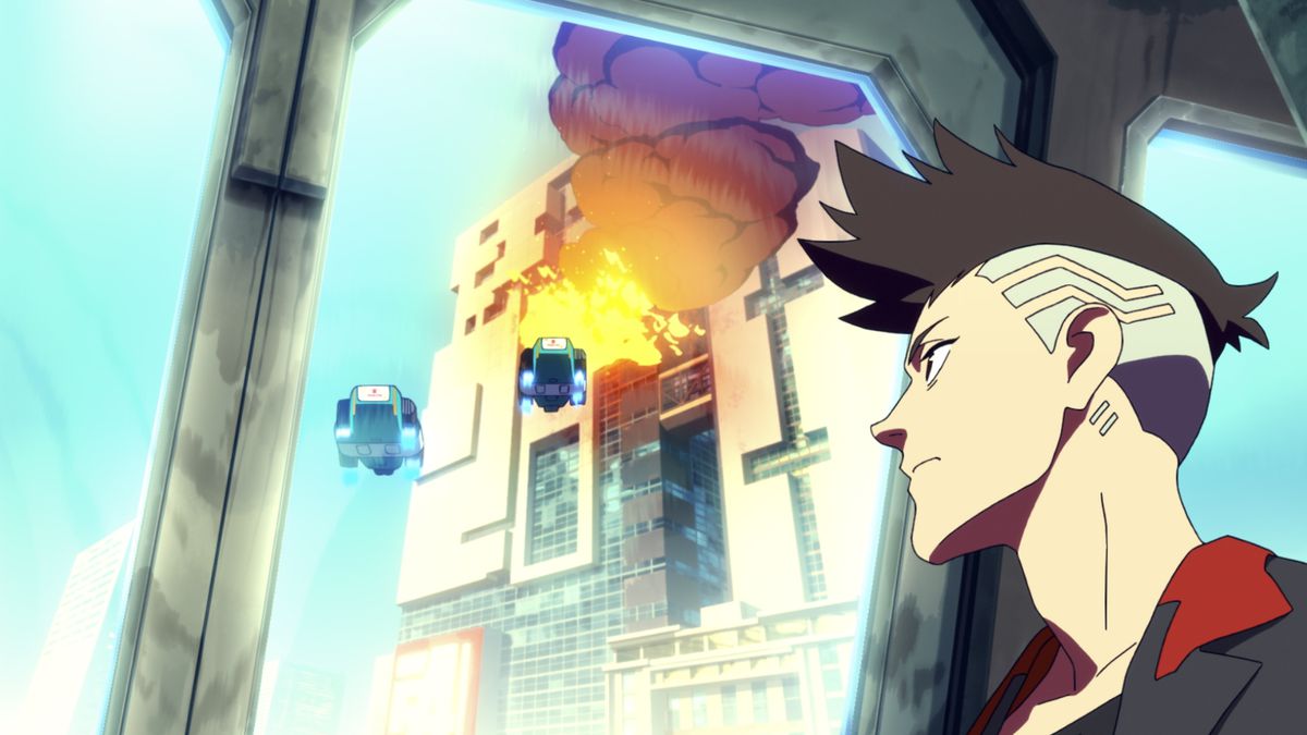 An anime character staring out of a window at two  paramedic hovercrafts flying to skyscraper on fire.