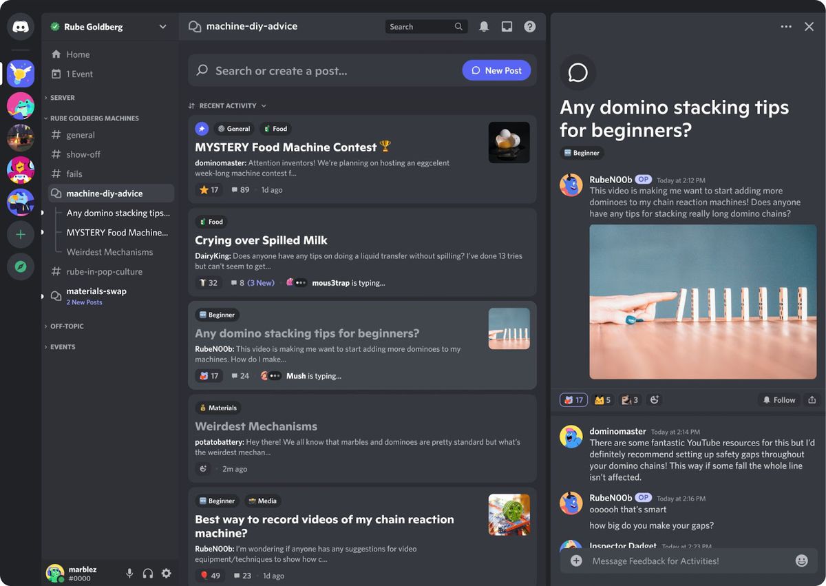 Discord’s new forum view, showing a list of topics in the “machine-diy-advice” descending in a linear fashion. The topics are unrelated to each other but all regard some kind of do it yourself machinery project.