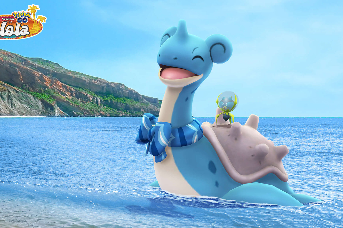 A Dewpider rides on the back of a happy Lapras