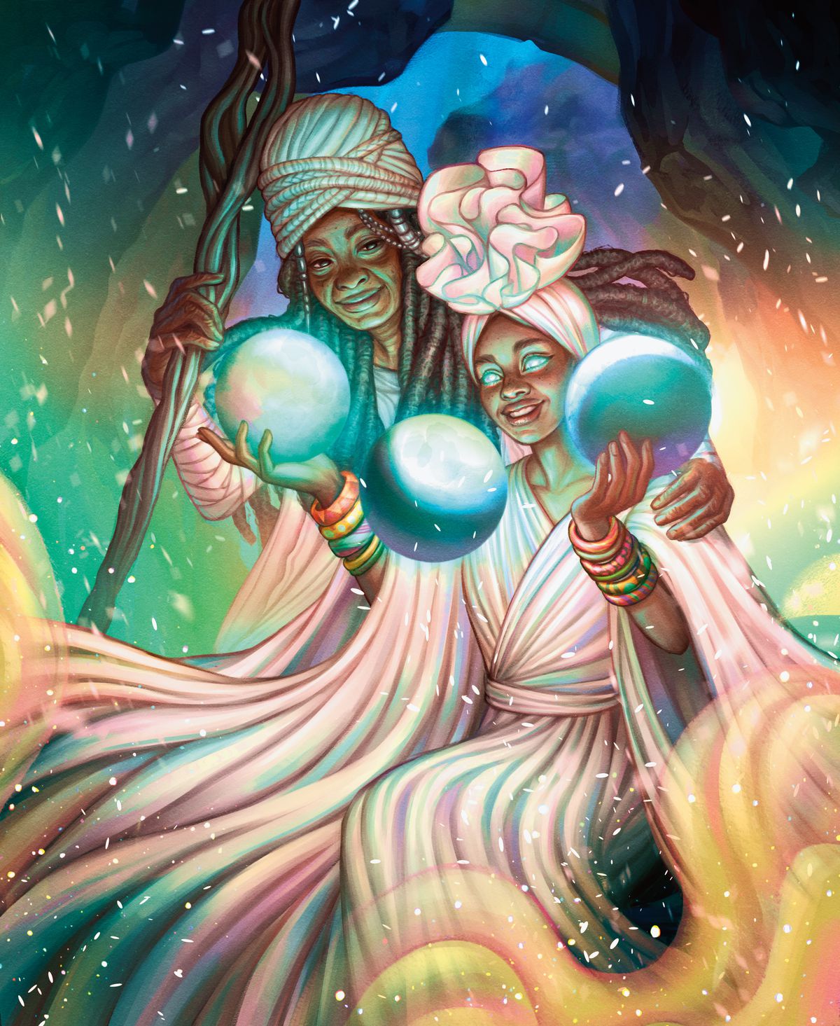 Two Black women in elaborate head wraps with floating orbs. Petals float around them.