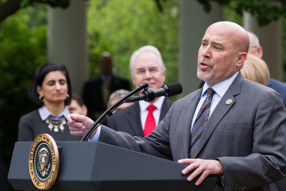 Tom MacArthur (R-NJ) played a key role in letting states lift protections for people with preexisting conditions. He’s shown speaking at the White House celebration, Thursday, of the ACHA’s passage in the House.