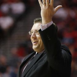 UNLV coach Todd Simon disputes a call during the first half of the team's NCAA college basketball game against San Diego State on Saturday March 5, 2016, in San Diego. (AP Photo/Lenny Ignelzi)
