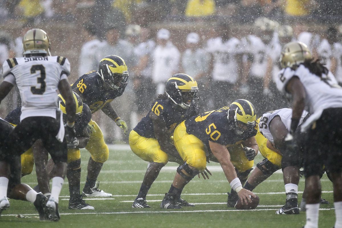 The Brady Hoke era began with a 34-10 win over the Western Michigan Broncos in a game that was ended near the end of the third quarter because of thunderstorms.