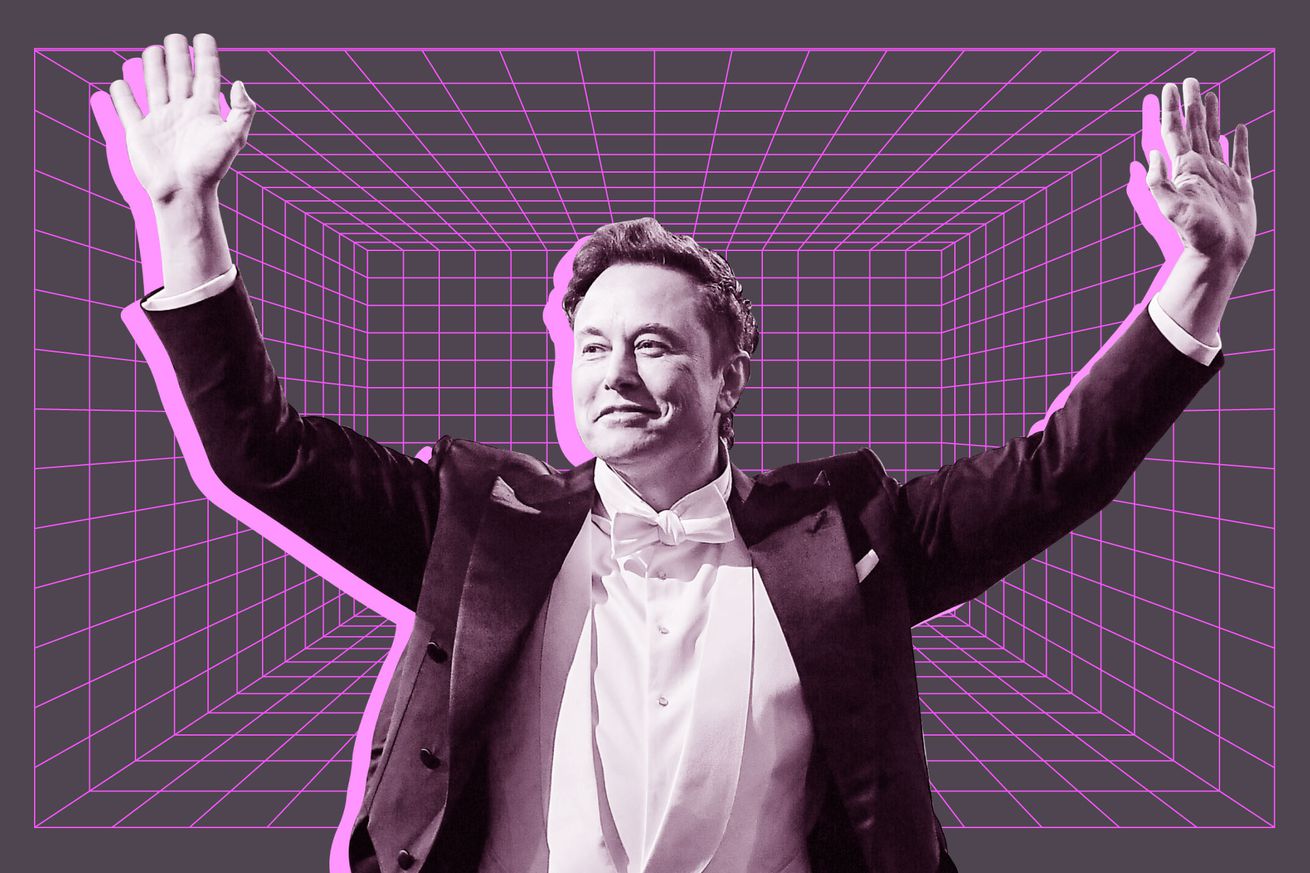 Elon Musk grins in a photo-illustration, lifting his arms over his head triumphantly because no one can read his emails without his permission