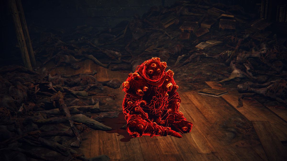 Screenshot of the Elden Ring of the red ghost version of Dung Eater inside the Roundtable Hold's room.