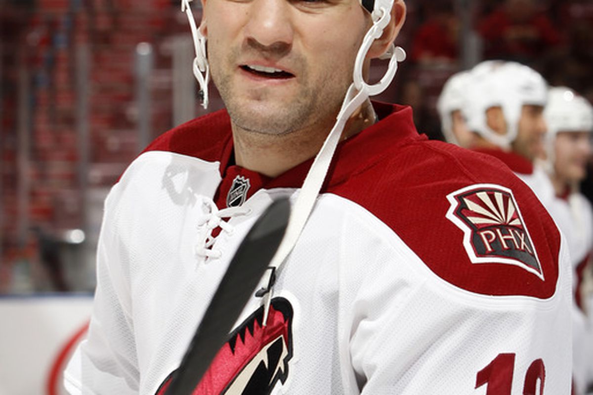 SUNRISE, FL - DECEMBER 20: Paul Bissonnette #12 of the Phoenix Coyotes warms up prior to the game against the Florida Panthers on December 20, 2011 at the BankAtlantic Center in Sunrise, Florida.  (Photo by Joel Auerbach/Getty Images)