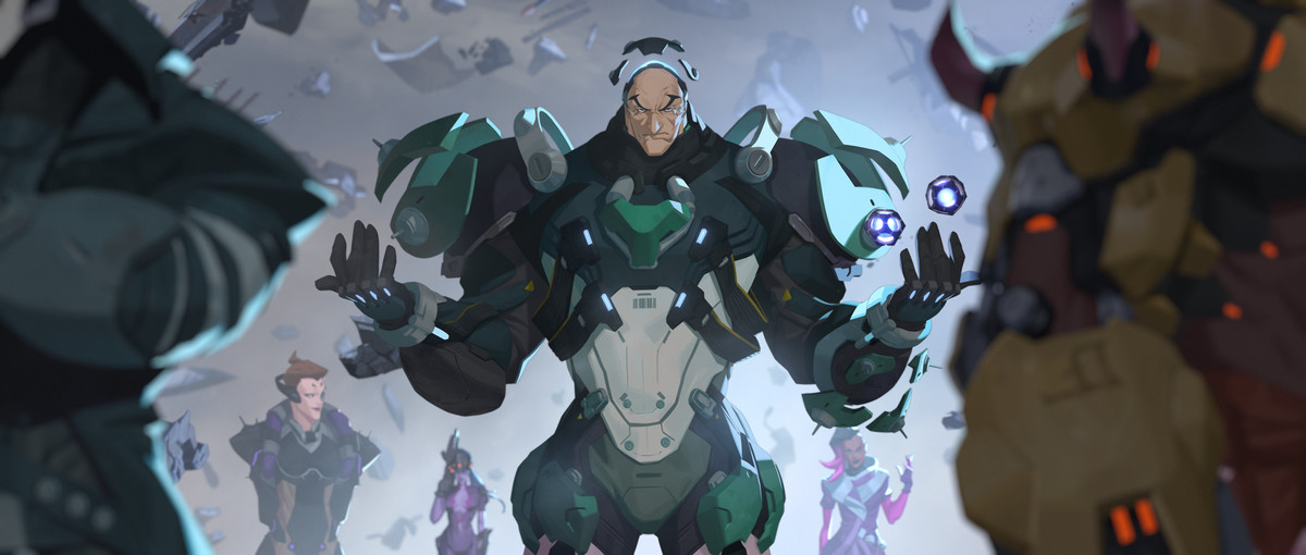 Overwatch - Art from Sigma’s origin animation, showing him hovering. He’s wearing his in-game Overwatch uniform. Sigma is surrounded by the other members of Talon.