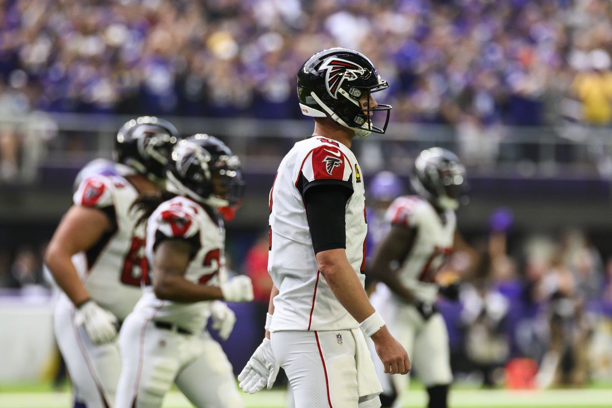 Matt Ryan of the Atlanta Falcons leaves the field after throwing an interception in the first quarter of the game against the Minnesota Vikings at U.S. Bank Stadium on September 8, 2019 in Minneapolis, Minnesota.