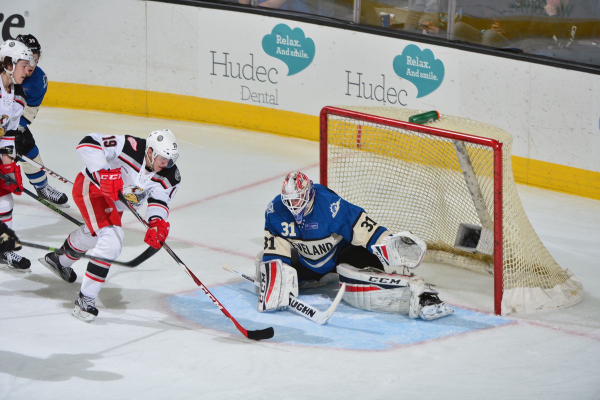 Tomas Nosek Tried To Score On  Joonas Korpisalo of the Lake Erie Monsters on December 5, 2015
