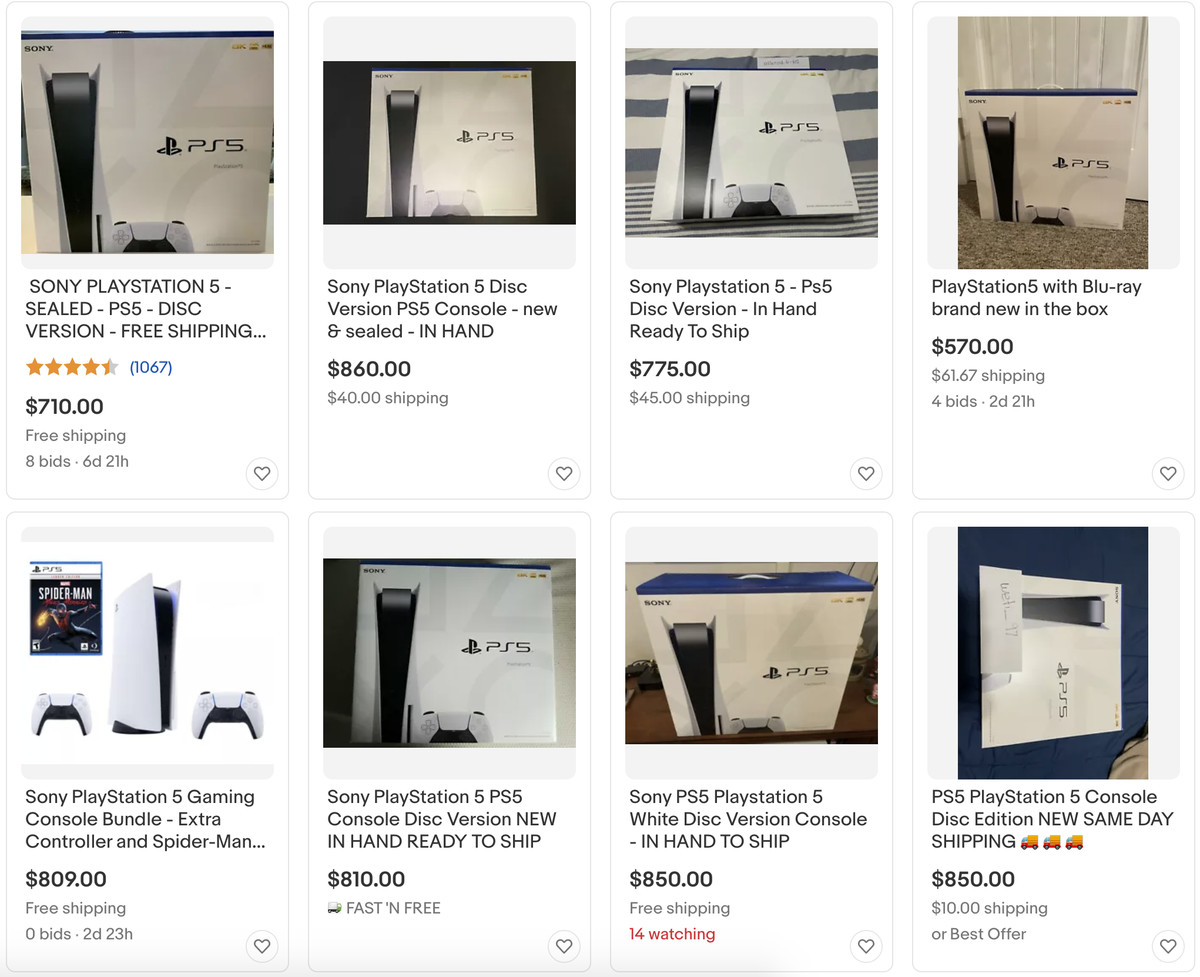 A screenshot of eBay listings for the PlayStation 5