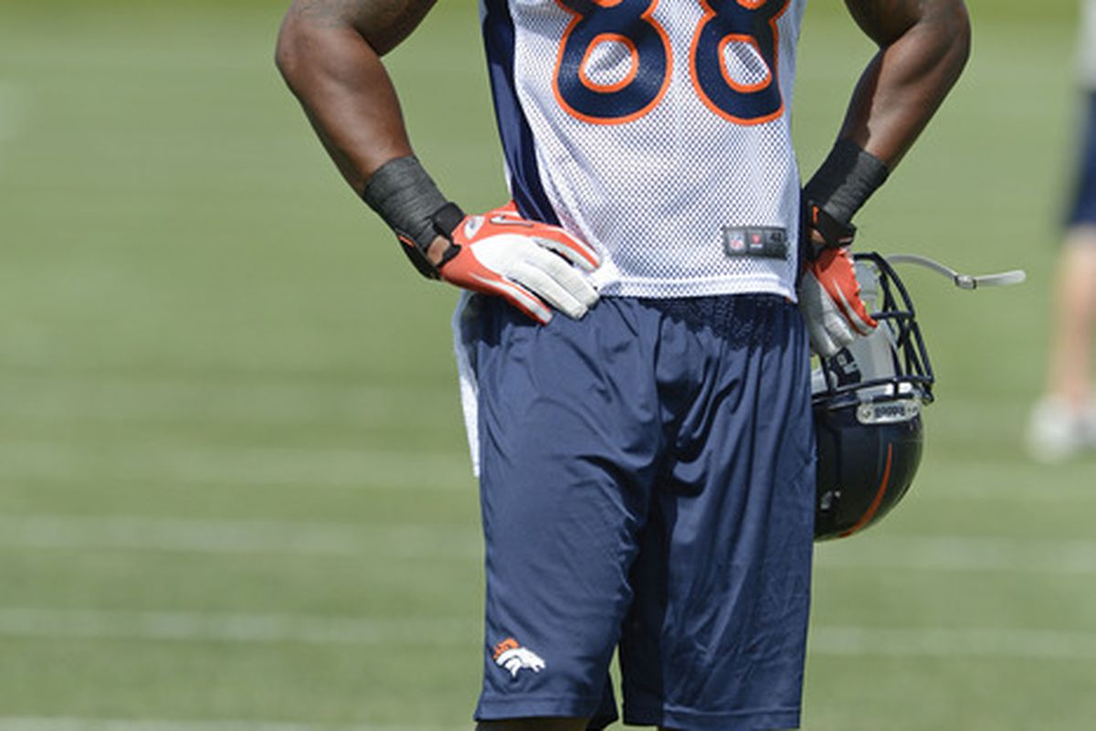 Denver Broncos wide receiver Demaryius Thomas is working hard to step up his game in order to get Peyton Manning to target him this season. Mandatory Credit: Ron Chenoy-US PRESSWIRE