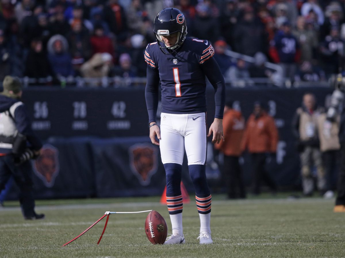 Chicago Bears kicker Cody Parkey (1) warms up before the second half of an NFL football game Sunday, Nov. 11, 2018, in Chicago. (AP Photo/David Banks)