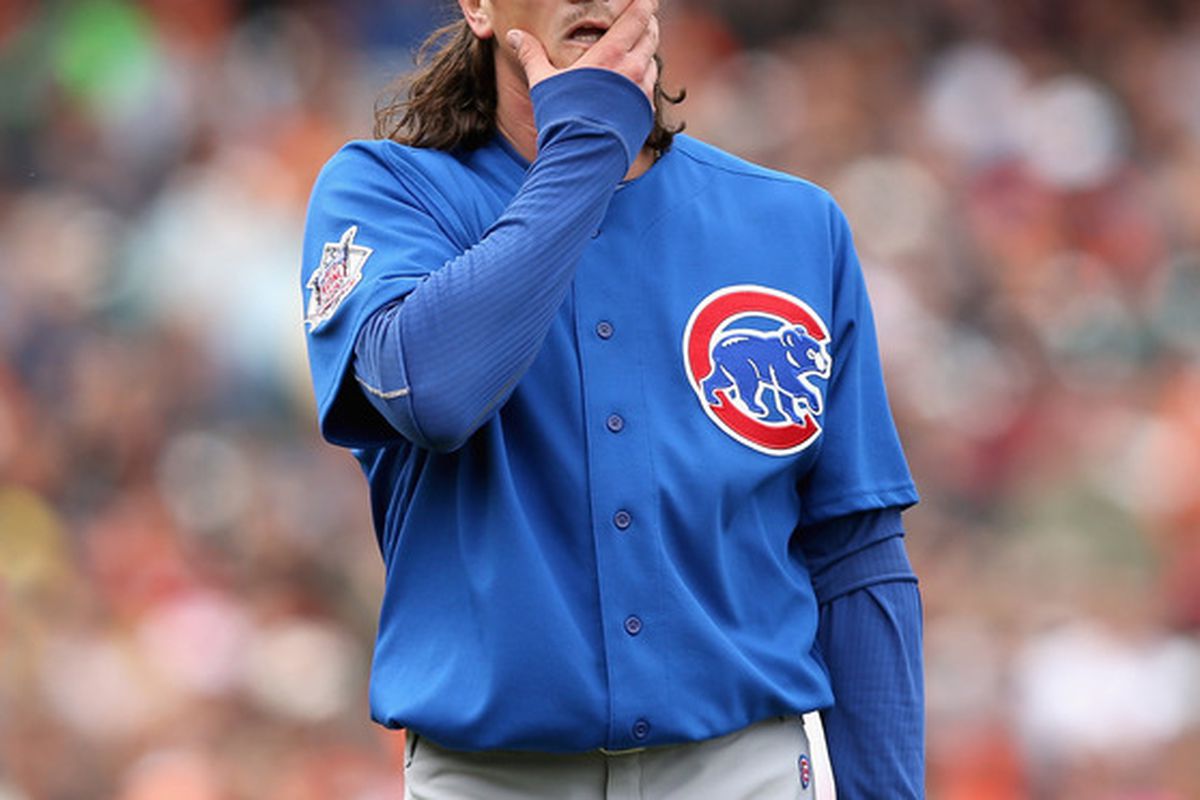 Jeff Samardzija of the Chicago Cubs reacts after Brandon Crawford of the San Francisco Giants hit a fielder's choice that scored Buster Posey at AT&T Park in San Francisco, California.  (Photo by Ezra Shaw/Getty Images)