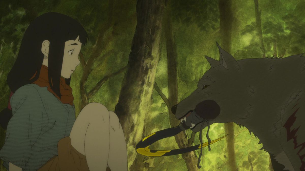 A long, dark-haired anime girl sits across from a wolf-like dog clutching a sickle between its teeth coated in a sickly yellow-like substance.