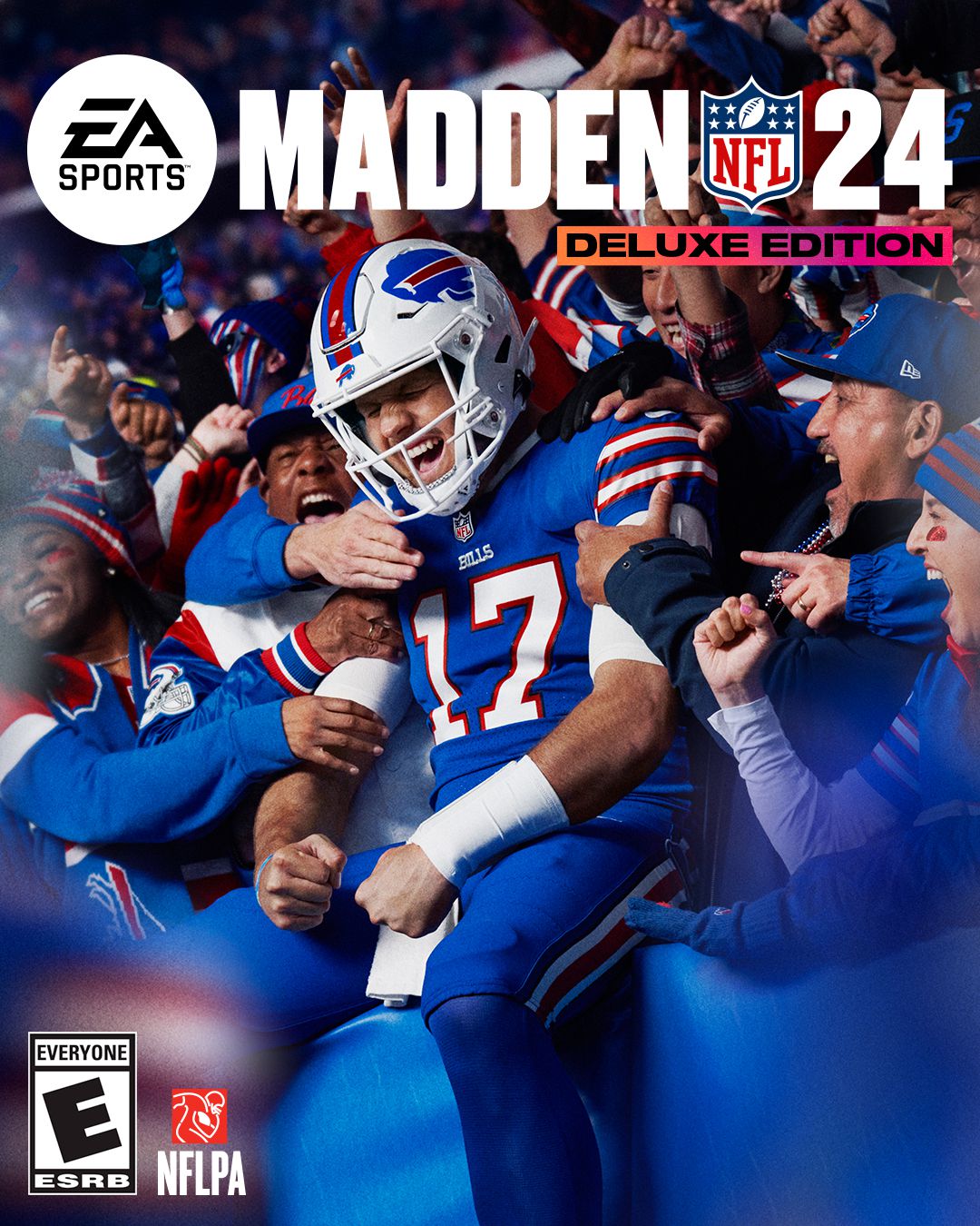 The cover of Madden NFL 24’s deluxe edition; Josh Allen of the Buffalo Bills is celebrating with fans in the stands