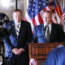 Sen. Jim Dabakis and Sen. Stephen Urquhart speak regarding legal protections in housing, employment, and other areas for LGBT people during a press conference at the state Capitol in Salt Lake City Tuesday, Jan. 27, 2015. 