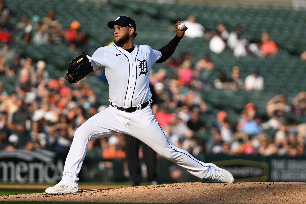 Detroit Tigers starting pitcher Eduardo Rodriguez (57) throws a pitch against the Oakland Athletics in the second inning at Comerica Park.