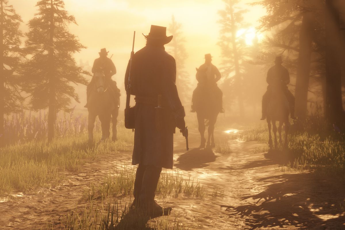 Red Dead Redemption 2 - a man standing across from three men on horseback at sunset in a forest clearing