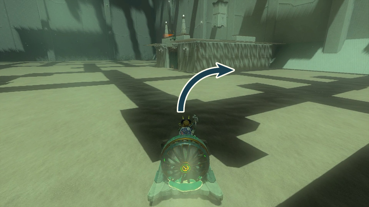 Link riding a sled contraption to a platform with two Constructs atop of it in the Kudanisar Shrine in The Legend of Zelda: Tears of the Kingdom.