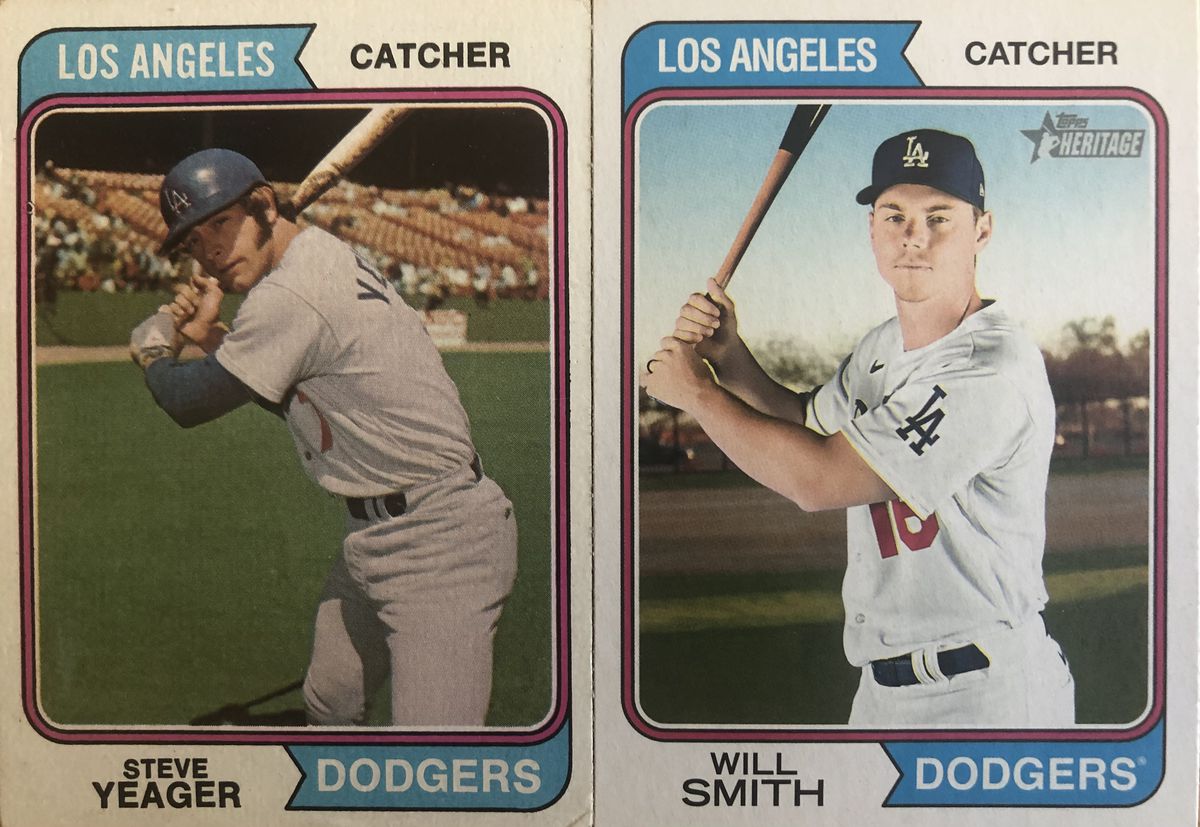 Steve Yeager’s 1974 Topps baseball card, alongside Will Smith in the 2023 Topps Heritage set.
