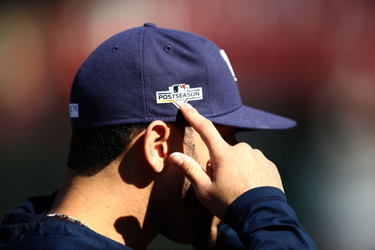 Tommy Pham of the Tampa Bay Rays points to the Post Season logo on his hat before their game against the Oakland Athletics in the American League Wild Card game at Oakland-Alameda County Coliseum on October 02, 2019 in Oakland, California.