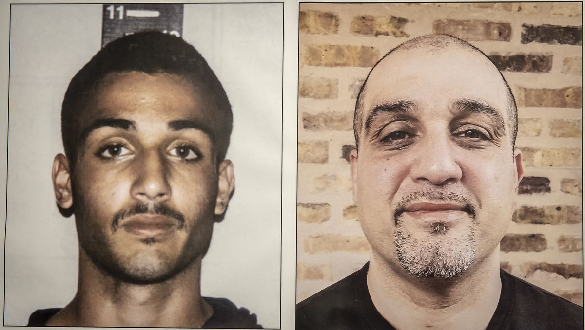 Police booking photo of Robert Bouto at age 17, left, is displayed next to a current photo of Bouto at Loevy &amp; Loevy Attorneys at Law offices. | Rich Hein/Sun-Times