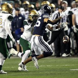 Brigham Young Cougars wide receiver Samson Nacua (45) fumbles the ball after making a reception as BYU and UAB play in the Radiance Technologies Independence Bowl in Shreveport, Louisiana, on Saturday, Dec. 18, 2021. UAB won 31-28.