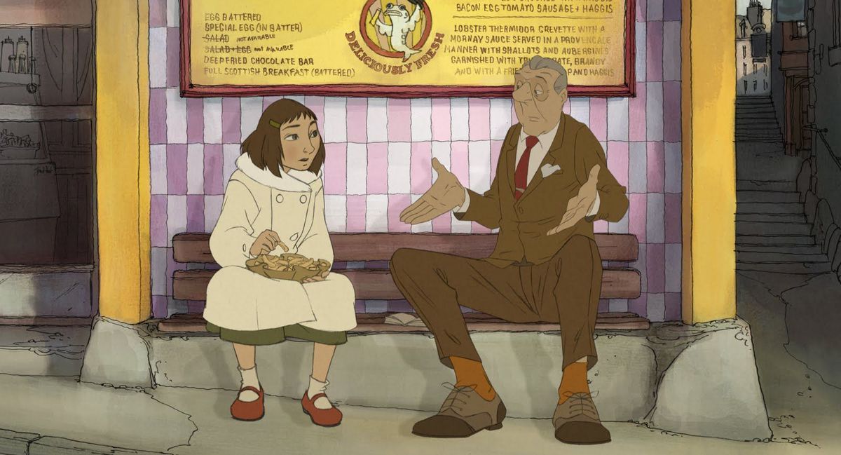 a scene from the animated movie The Illusionist in which a gray-haired man in a brown suit shrugs at a brown-haired young woman in a beige coat; they’re sitting on a bench together