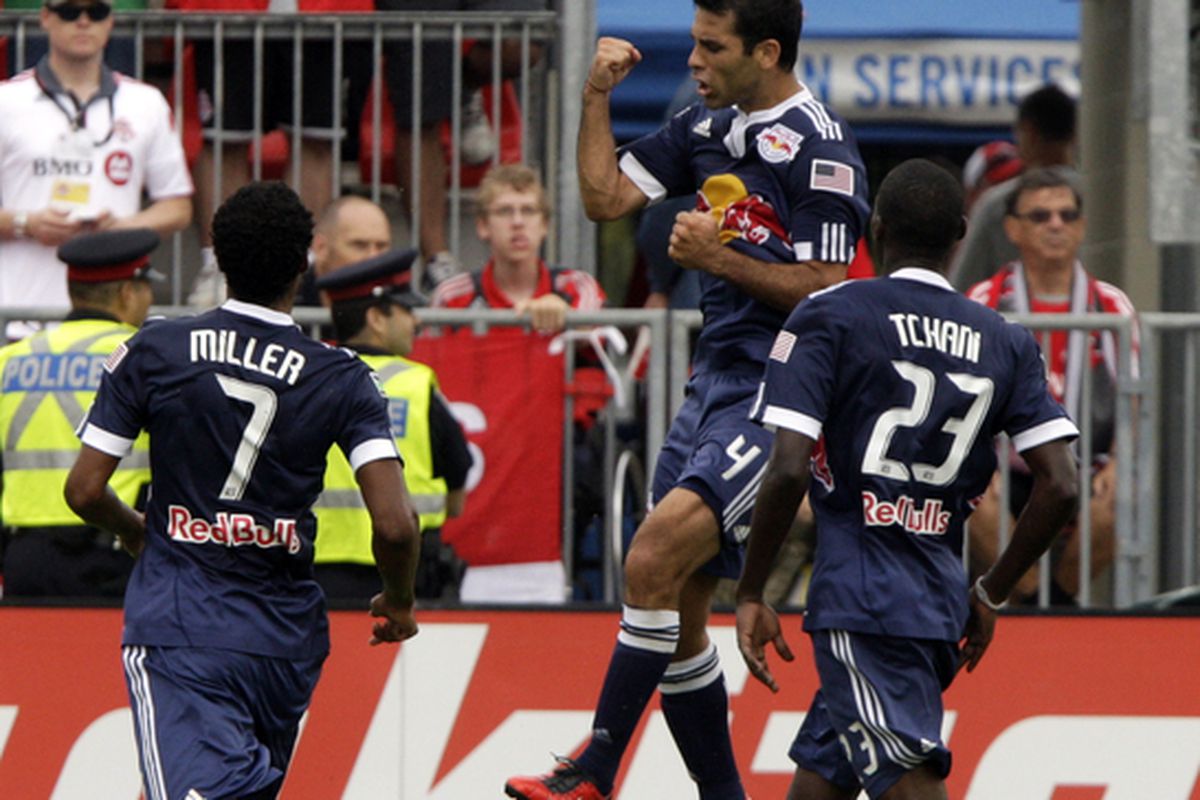 TORONTO - AUGUST 21: Rafael Marquez #4 of the New York Red Bulls celebrates his goal against Toronto FC during a MLS game at BMO Field August 21 2010 in Toronto Ontario Canada. (Photo by Abelimages/Getty Images)