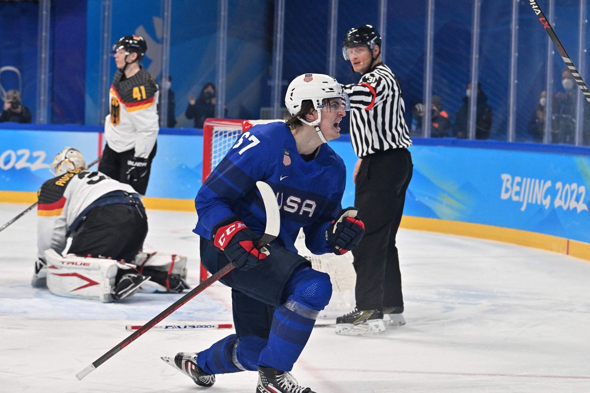 USA’s Matt Knies celebrates after scoring the 2-1 goal during the men’s preliminary round group A match of the Beijing 2022 Winter Olympic Games ice hockey competition between USA and Germany, at the Wukesong Sports Centre in Beijing on February 13, 2022.