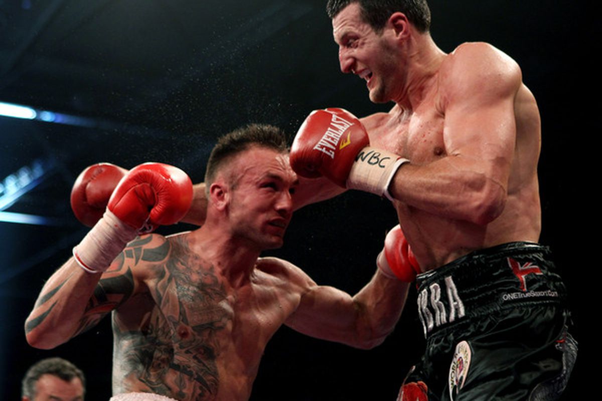 In the later rounds of their fight, Kessler and Froch were brawling, with both men consistently getting into exchanges where defense took a back seat to offense.  (Photo by John Gichigi/Getty Images)