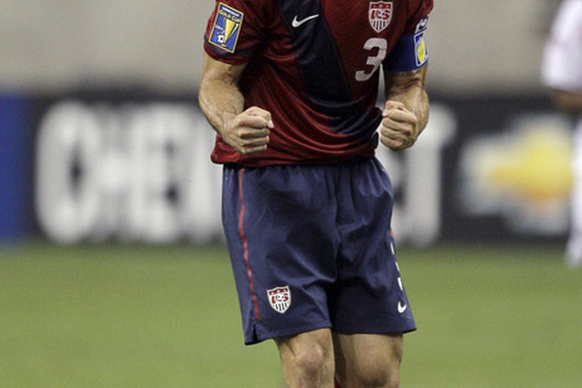 HOUSTON - JUNE 22:  Carlos Bocanegra #3 of the U.S.A. celebrates as the final whistle blows as the U.S.A. defeated Panama 1-0 at Reliant Stadium on June 22, 2011 in Houston, Texas.  (Photo by Bob Levey/Getty Images)