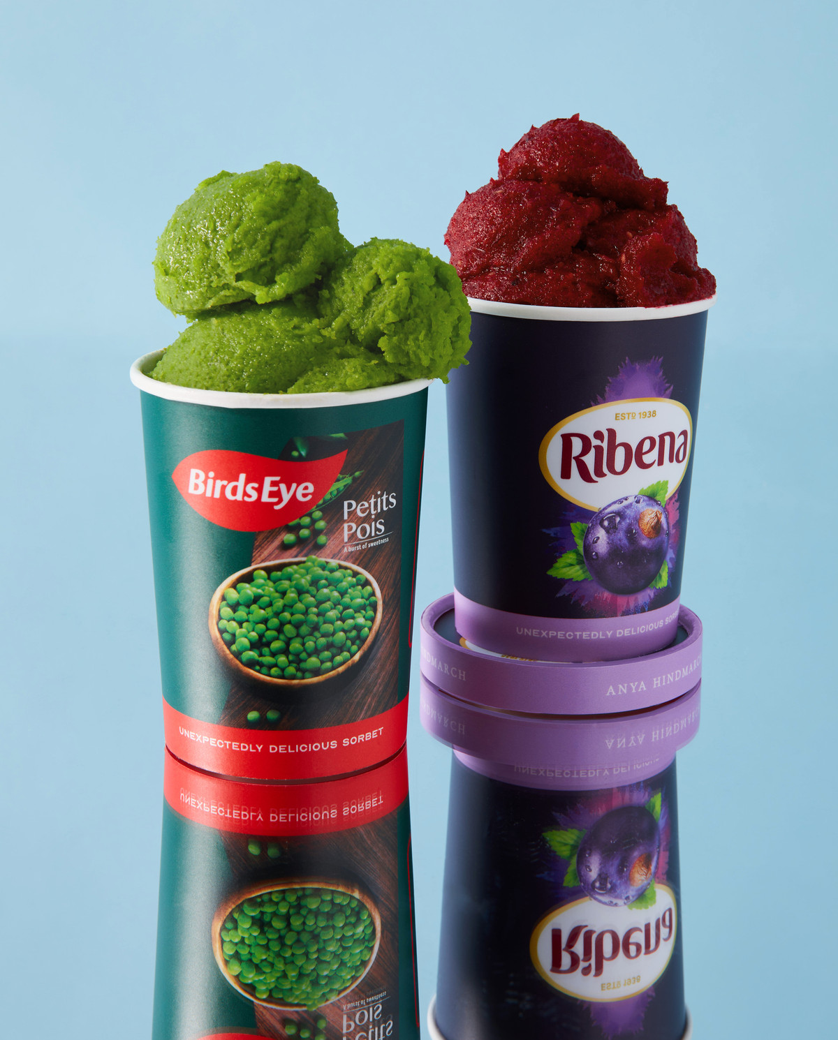 Cartons of green and purple ice cream branded respectively with Birds Eye and Ribena respecitively.