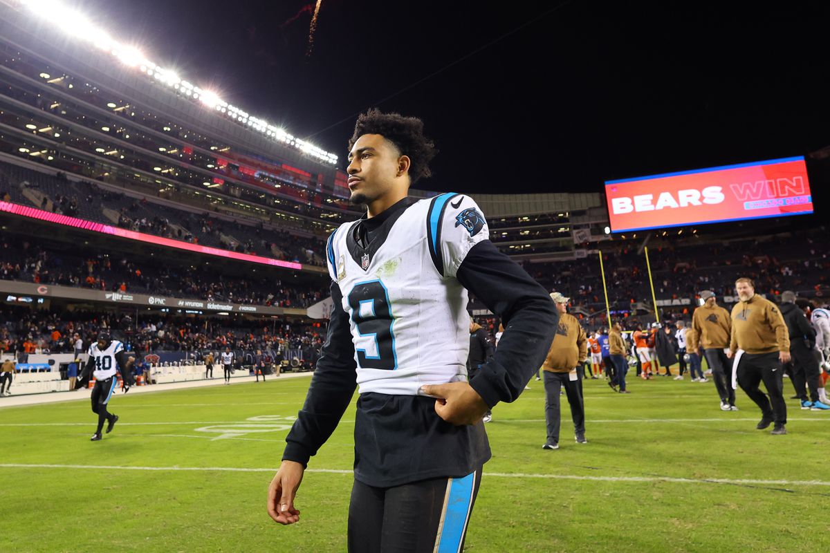 Bryce Young #9 of the Carolina Panthers reacts after a 16-13 loss against the Chicago Bears at Soldier Field on November 09, 2023 in Chicago, Illinois.