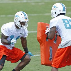 DAVIE, FL - MAY 23: Jarvis Landry #14 and Matt Hazel #83 of the Miami Dolphins participate in drills during the rookie minicamp on May 23, 2014 at the Miami Dolphins training facility in Davie, Florida.
