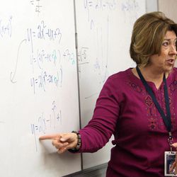 ITINERIS Early College High School teacher Karen Cavin teaches a math class in West Jordan  Wednesday, Feb. 6, 2013.