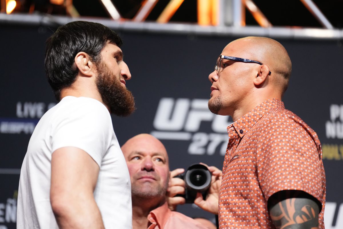 Magomed Ankalaev of Russia and Anthony Smith face off during the UFC 277 press conference at American Airlines Center