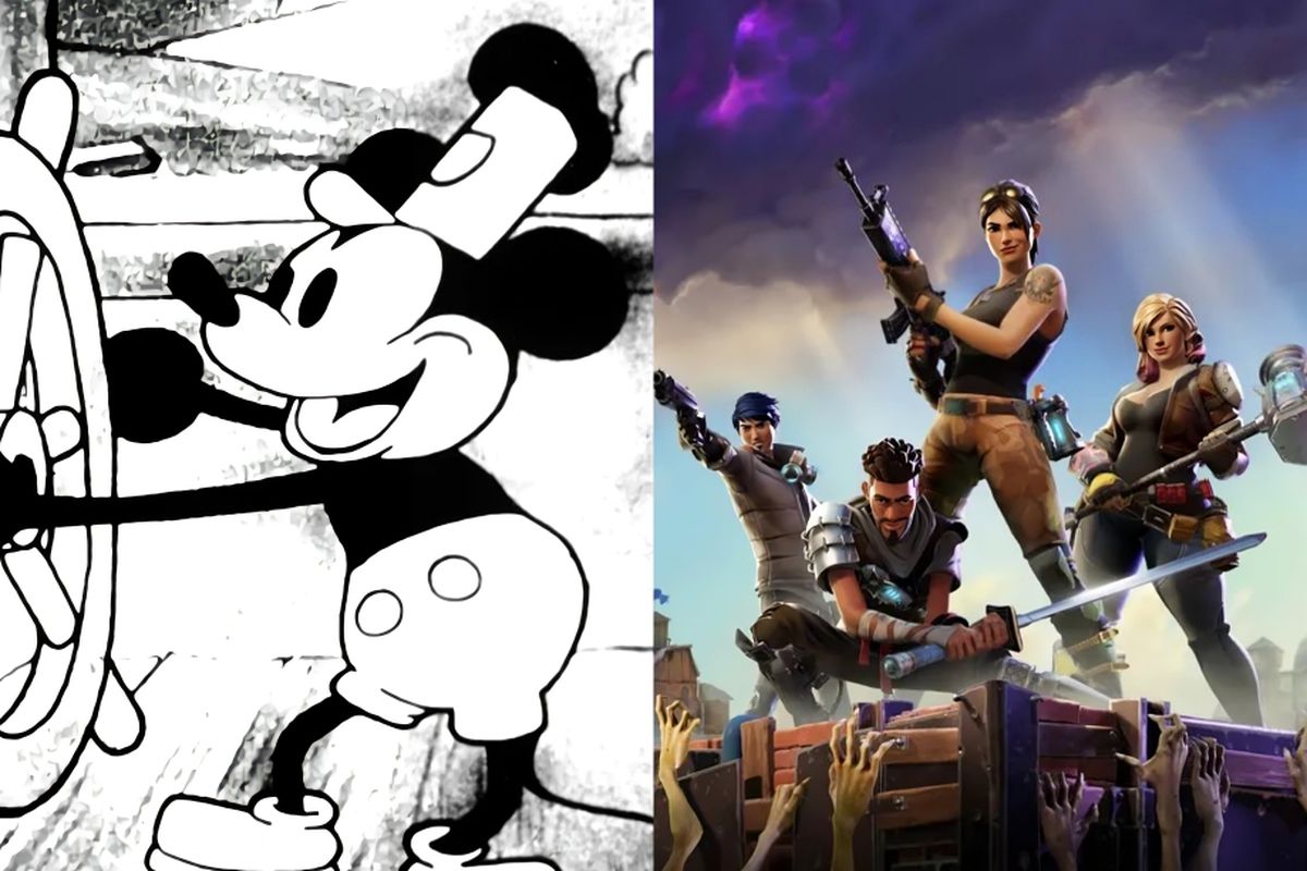 A collage of Mickey Mouse in Steamboat Willie with the original Fortnite cast