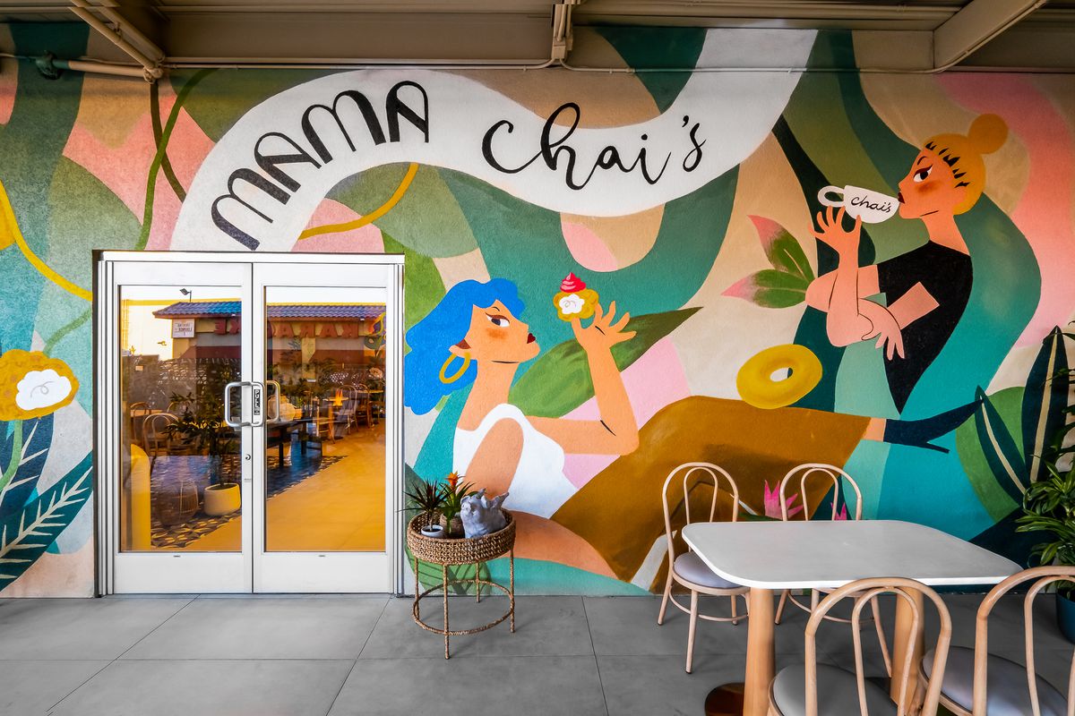 A cute pastel mural with the words, “Mama Chai’s”