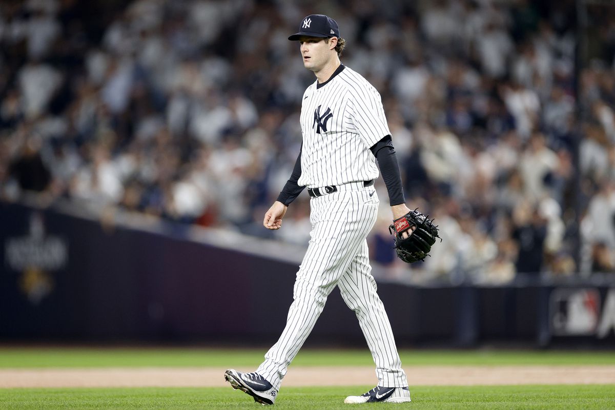 Gerrit Cole of the New York Yankees looks on against the Cleveland Guardians during the fifth inning in game one of the American League Division Series at Yankee Stadium on October 11, 2022 in New York, New York.