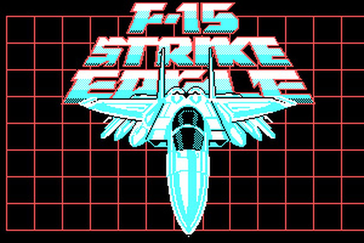 The original loading screen for the CGA version of F-15 Strike Eagle, published for DOS in 1985.