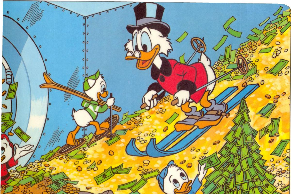Scrooge McDuck skis down a pile of money as his nephews look in.